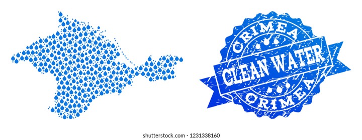 Map of Crimea vector mosaic and clean water grunge stamp. Map of Crimea composed with blue water raindrops. Seal with unclean rubber texture for clean drinking water.