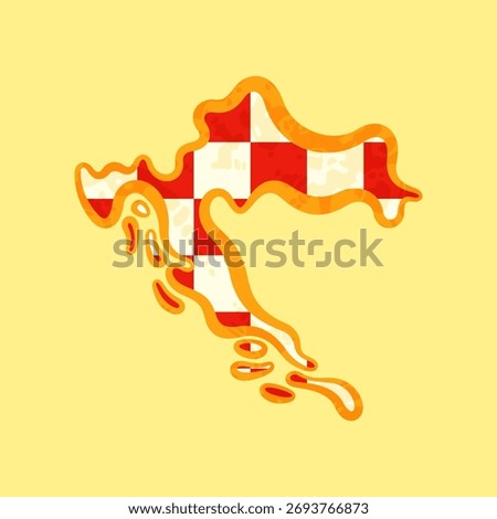 Map of Croatia colored with the flag and marked with a golden line in grunge vintage style.