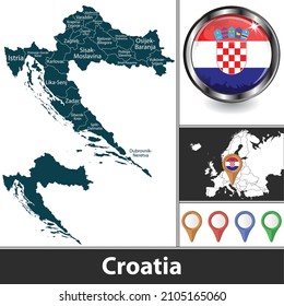 Map of Croatia with counties and location on European map. Vector image