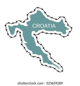 Map Of Croatia. Country closes border against refugees. States with barbed wire. European protects its borders. Surrounded by perimeter fence