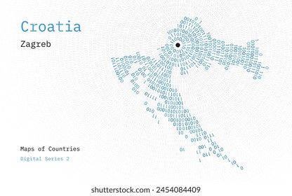 Un mapa de Croacia representado en ceros y unos en forma de círculo. La capital, Zagreb, se muestra en el centro del círculo	