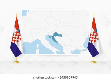 Mapa de Croacia y banderas de Croacia en el stand de la bandera. Ilustración vectorial para la reunión de diplomacia.