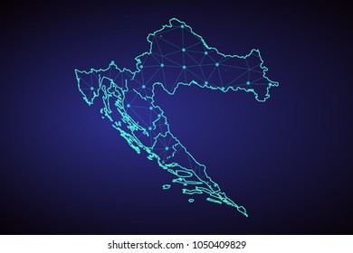 Map of Croatia - With glowing point and lines scales on The dark gradient background, 3D mesh polygonal network connections. Vector illustration eps10.