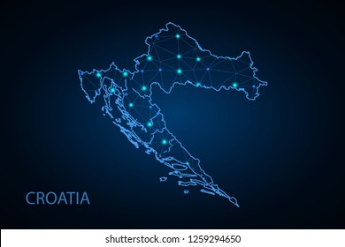 Map of Croatia - With glowing point and lines scales on The dark gradient background, 3D mesh polygonal network connections. Vector illustration eps10. - Vector
