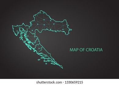 Map of Croatia - With glowing point and lines scales on The dark gradient background, 3D mesh polygonal network connections. Vector illustration eps10. - Vector