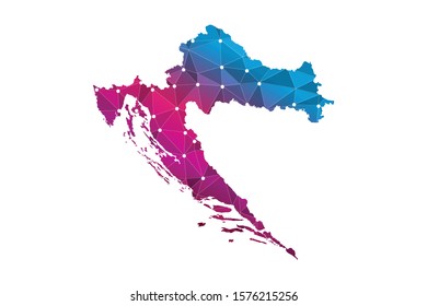 Map of Croatia - With glowing point and lines scales on The dark gradient background, 3D mesh polygonal network connections. Vector illustration eps10.