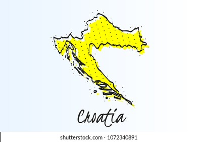Mapa de Croacia, fondo abstracto de medio tono. Los puntos negros sobre un fondo amarillo. línea fronteriza trazada. ilustración vectorial