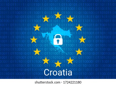 Map of Croatia, with lock and binary code background. europe union internet blocking, virus attack, privacy protect. vector illustration