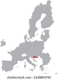 Map of Croatia with national flag within the gray map of European Union countries