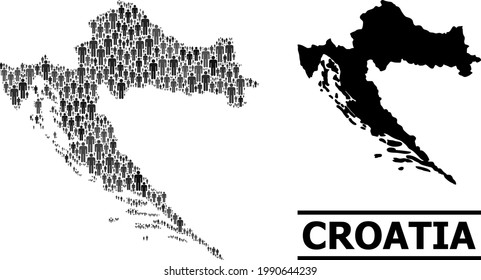 Karte von Kroatien für nationale Poster. Vektorbevölkerungsmosaik. Mosaik Karte von Kroatien aus Menschen Piktogramme. Demografisches Konzept in dunkelgrauen Farbvarianten.