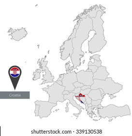 Map of Croatia with an official flag. Location in Europe