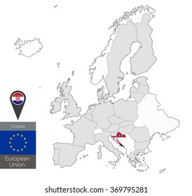 Map of Croatia with an official flag. Location on European Union map
