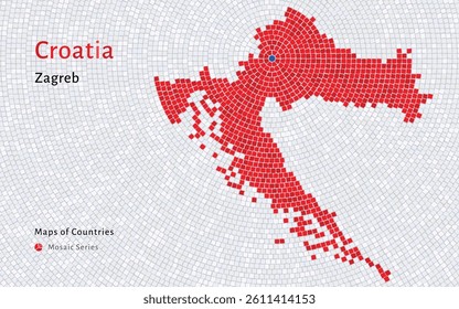 A map of Croatia is presented as a mosaic with country's borders are outlined in the shape of a red mosaic, centered around the capital city Zagreb