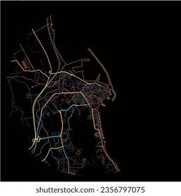 Map of Crotone, Calabria with all major and minor roads, railways and waterways. Colorful line art on black background.