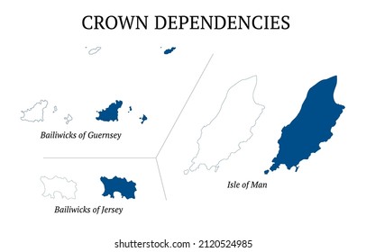 Map of Crown Dependencies. Bailiwicks of Jersey and Guernsey. Isle of Man. Detailed vector outline and blue silhouette. All isolated on white background. Set of vector maps.