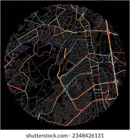 Map of CuautitlanIzcalli, México with all major and minor roads, railways and waterways. Colorful line art on black background.