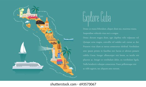 Map of Cuba in article template vector illustration, design element. Icons with Cuban landmarks, famous cultural objects, mojito, Che