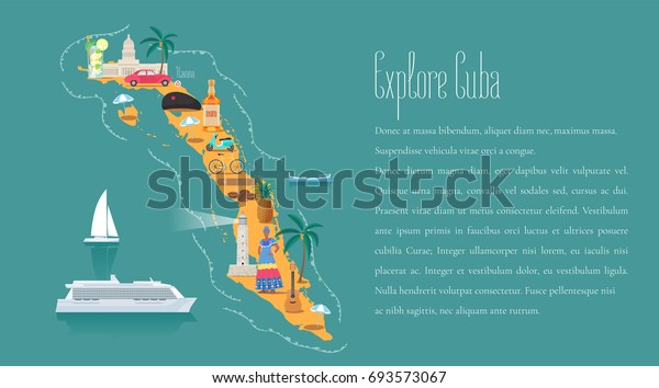 Map of Cuba in article template vector illustration,\
design element. Icons with Cuban landmarks, famous cultural\
objects, mojito, Che