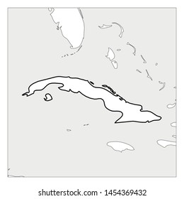 Map of Cuba black thick outline highlighted with neighbor countries.