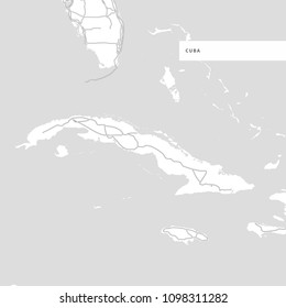 Map of Cuba Island, Cuba, contains geography outlines for land mass, water, major roads and minor roads.