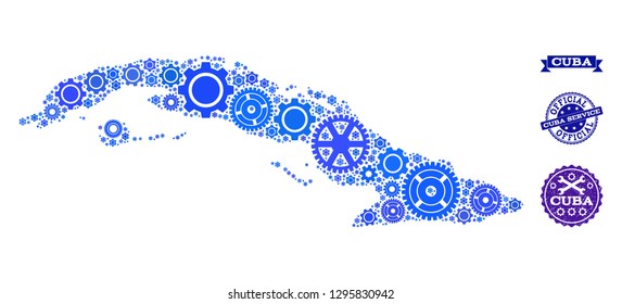 Map of Cuba created with blue wheel symbols, and isolated rubber watermarks for official repair services. Vector abstract collage of map of Cuba with repair symbols in blue hues.