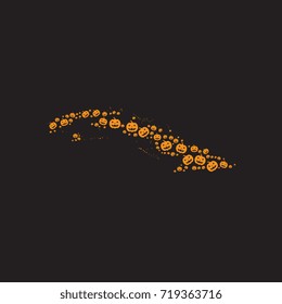 map of cuba filled with halloween pumpkin heads of different sizes on a black background