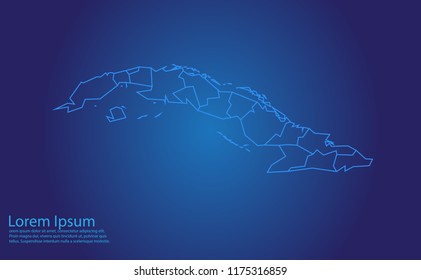 Map of cuba - With glowing point and lines scales on the dark gradient background.cuba map with country borders, thin Blue outline on Dark background.