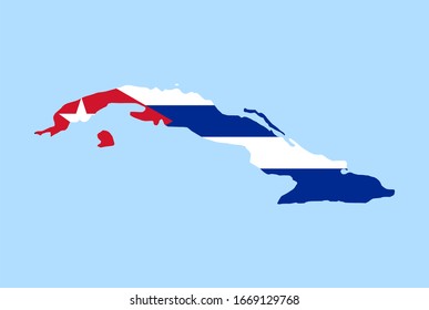 Map of Cuba on a blue background, Flag of Cuba on it.