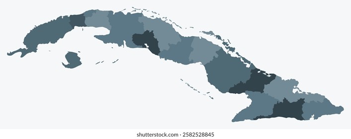 Map of Cuba with regions. Just a simple country border map with region division. Blue grey color palette. Plain Republic of Cuba shape with administrative division. Vector illustration.