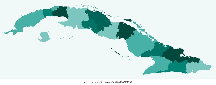 Map of Cuba with regions. Just a simple country border map with region division. Teal color palette. Plain Republic of Cuba shape with administrative division. Vector illustration.