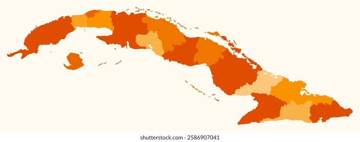 Map of Cuba with regions. Just a simple country border map with region division. Orange color palette. Blank Republic of Cuba shape with administrative division. Vector illustration.