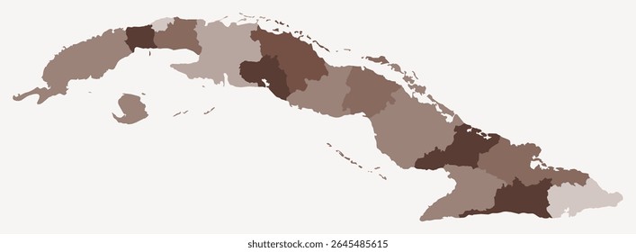 Map of Cuba with regions. Just a simple country border map with region division. Brown color palette. Plain Republic of Cuba shape with administrative division. Vector illustration.