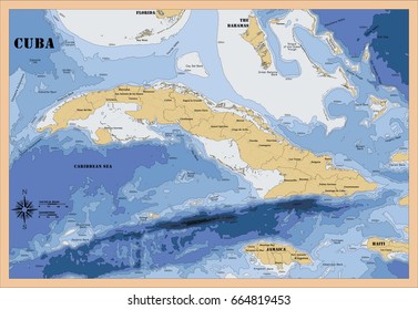 Map of Cuba and the sea depths in layers