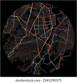 Map of Cucuta with all major and minor roads, railways and waterways. Colorful line art on black background.
