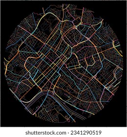 Map of Cuiaba with all major and minor roads, railways and waterways. Colorful line art on black background.