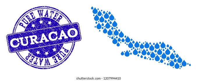 Map of Curacao Island vector mosaic and Pure Water grunge stamp. Map of Curacao Island formed with blue aqua dews. Seal with grunge rubber texture for pure drinking water.