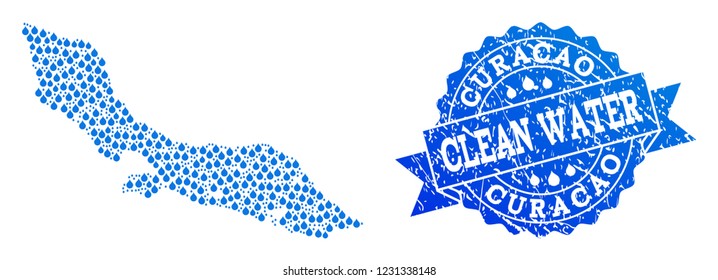 Map of Curacao Island vector mosaic and clean water grunge stamp. Map of Curacao Island formed with blue aqua tears. Seal with corroded rubber texture for clean drinking water.