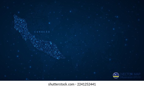Map of Curacao modern design with polygonal shapes on dark blue background. Business wireframe mesh spheres from flying debris. Blue structure style vector illustration concept.