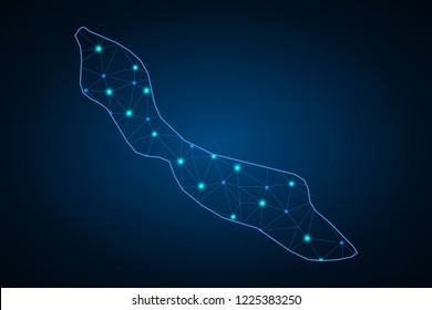 Map of Curacao from Polygonal wire frame low poly mesh, contours network line, luminous space stars, design sphere, dot and structure. Vector Illustration EPS10.