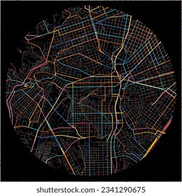 Map of Curitiba with all major and minor roads, railways and waterways. Colorful line art on black background.