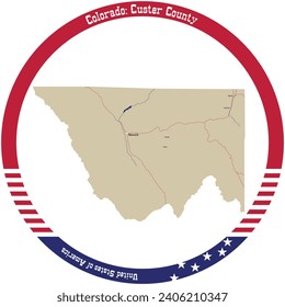 Mapa del Condado de Custer en Colorado, EE.UU. arreglado en círculo.