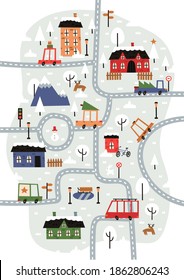 Map of cute winter city, town and village. Christmas landscape, town icons. Hand drawn houses, mountains, snowman and trees. Isolated winter vector objects, flat design. Merry Chritmas postcard