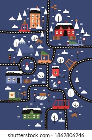 Map of cute winter city, town and village. Christmas landscape, town icons. Hand drawn houses, mountains, snowman and trees. Isolated winter vector objects, flat design. Merry Chritmas postcard