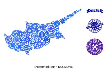Map of Cyprus Island composed with blue cog symbols, and isolated rubber seals for official repair services. Vector abstract mosaic of map of Cyprus Island with repair symbols in blue color hues.