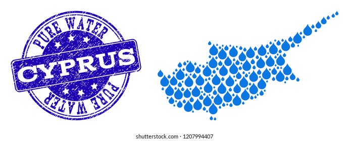 Map of Cyprus Island vector mosaic and Pure Water grunge stamp. Map of Cyprus Island composed with blue aqua dews. Seal with corroded rubber texture for natural drinking water.