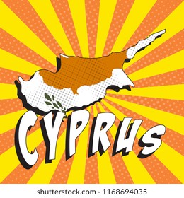map of cyprus with national flag in retro comic pop art style on colorful background with radial lines