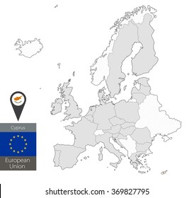 Map of Cyprus with an official flag. Location on European Union map
