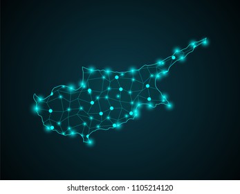 Map of Cyprus from polygonal blue lines and glowing stars vector illustration