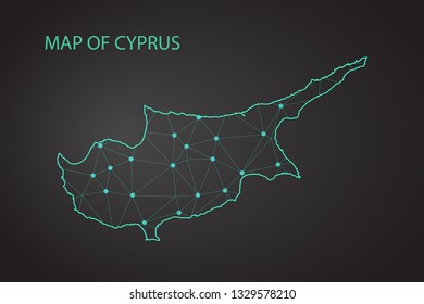 Map of Cyprus from Polygonal wire frame low poly mesh, contours network line, luminous space stars, design sphere, dot and structure. Vector Illustration EPS10. - Vector