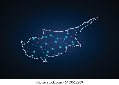 Map of Cyprus from Polygonal wire frame low poly mesh, contours network line, luminous space stars, design sphere, dot and structure. Vector Illustration EPS10. - Vector